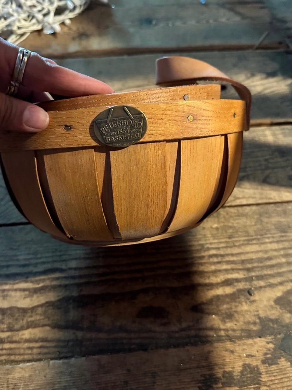 Longaberger-Style Wooden Basket with Leather Handle - Natural Brown